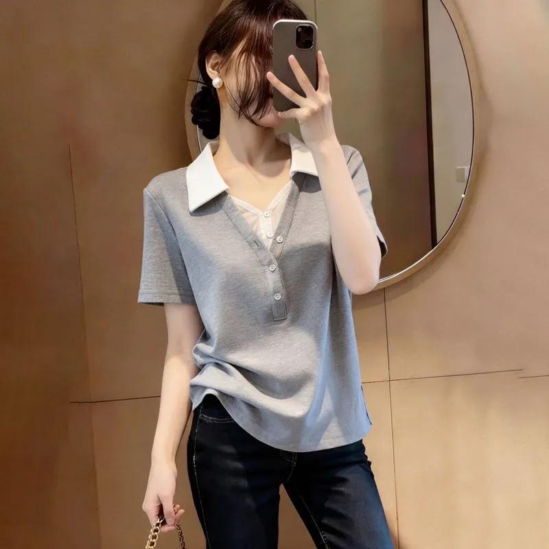 Women s Grey Contrast White Polo Collar Fake Two-Piece Short Sleeve Casual T-Shirt L серый