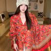 Small fresh green floral silk scarf women's summer travel buckle sunscreen large shawl beach towel thin yarn scarf scarf