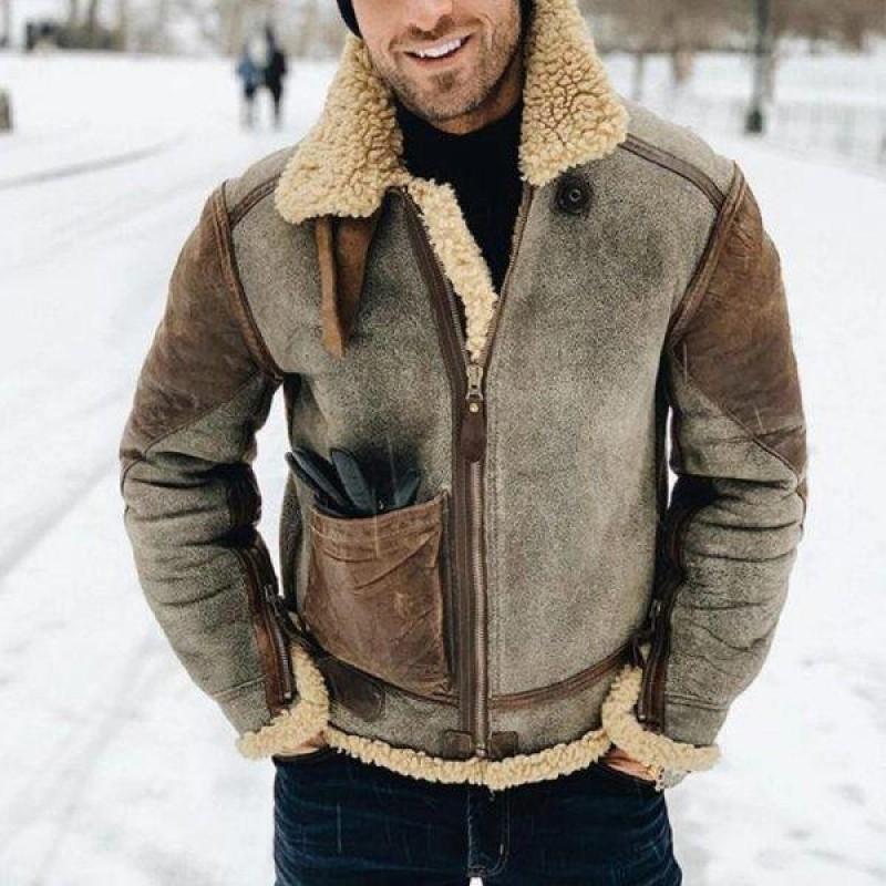Vintage European Mens Coat Faux Suede Belted Oversized Collar Fall Winter Ethnic Style Outerwear
