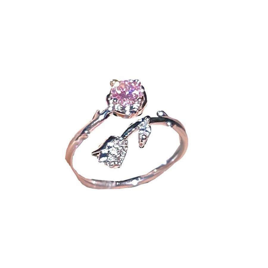 Versatile Pink Zircon Rose Flower Ring for Women - Elegant Forest Style, Super Fairy Fashion Ring