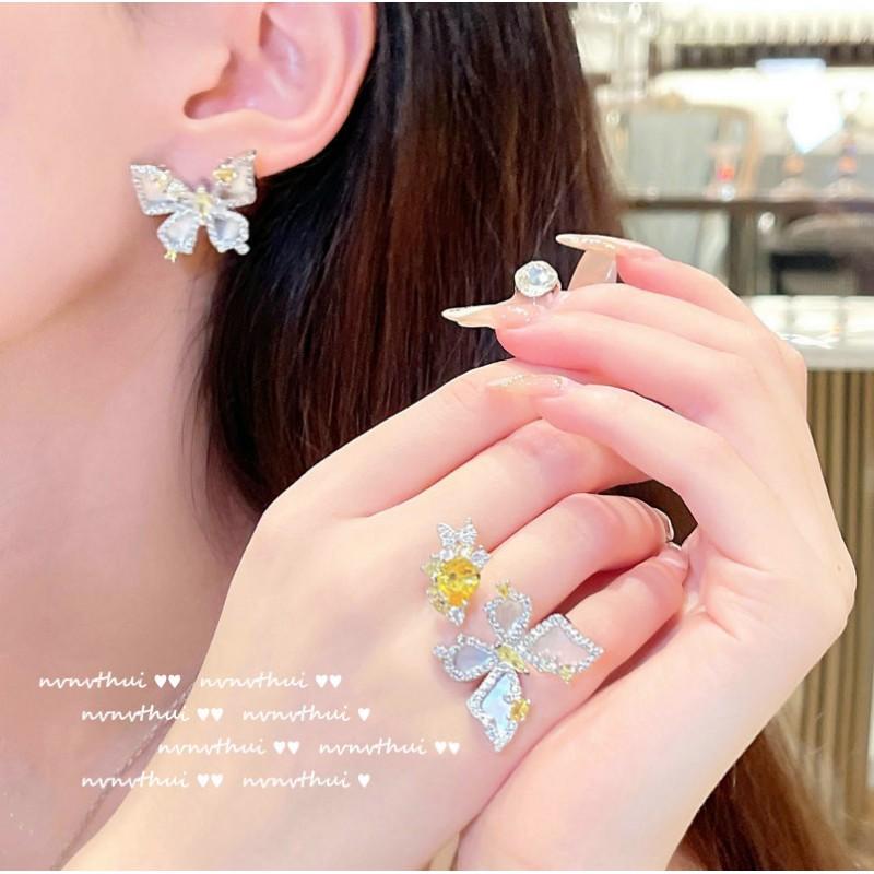 Vintage Butterfly Ring Earrings Set - Yellow Zircon Shell Design Adjustable Open Baroque Style 18K Gold Plated Jewelry
