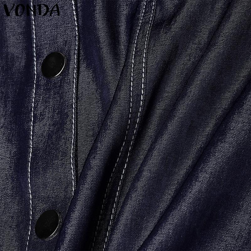 VONDA Women Elegant Short Sleeve Stitching Buttons Up Casual Mini Dress