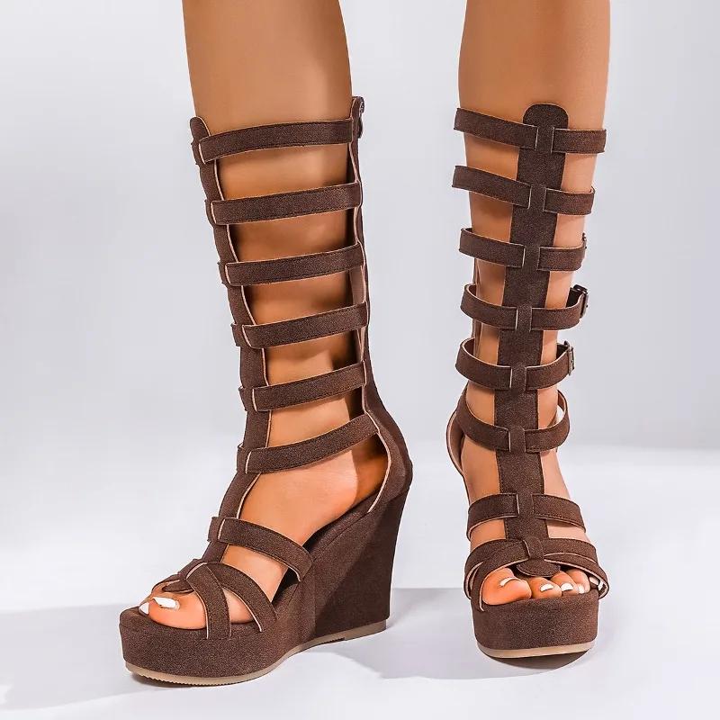 Fashion Roman Open Toe Platform Super High Heel Long Cylinder Mesh Boots Women's Cold Boots Plus Size