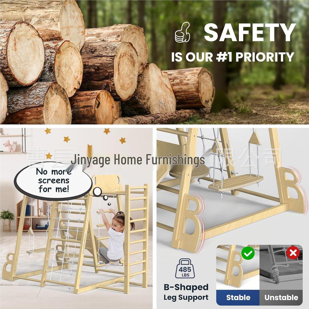 Wooden Indoor Children's Climbing Frame & Slide Set with Swing