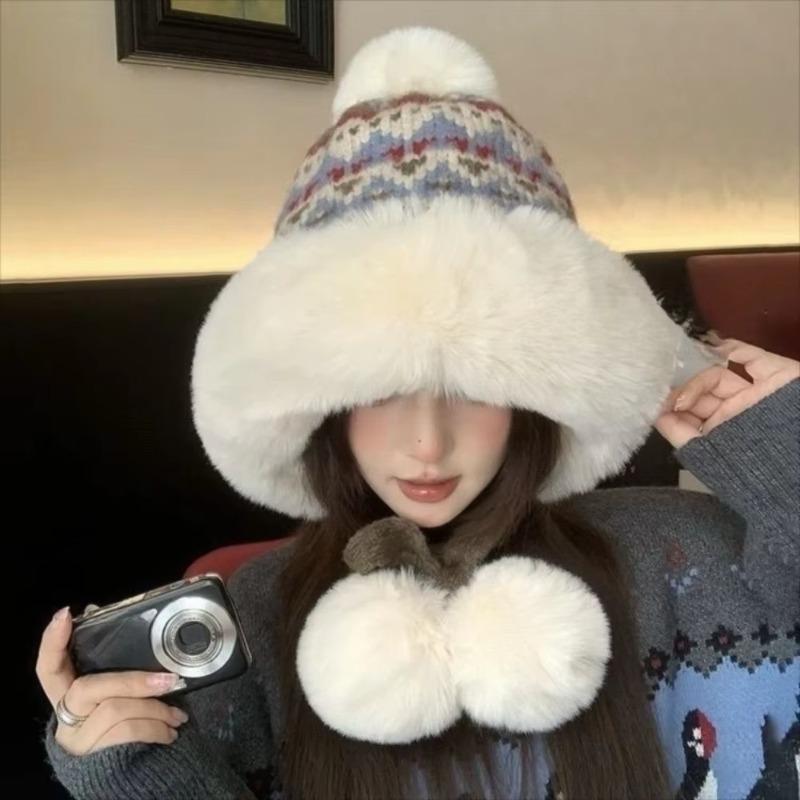 Winter Knitted Knitted Hat Warm Balaclava Hat Windproof Pompom Ear Protection Hat Fur Balls Thicken Beanie Hat Autumn and Winter