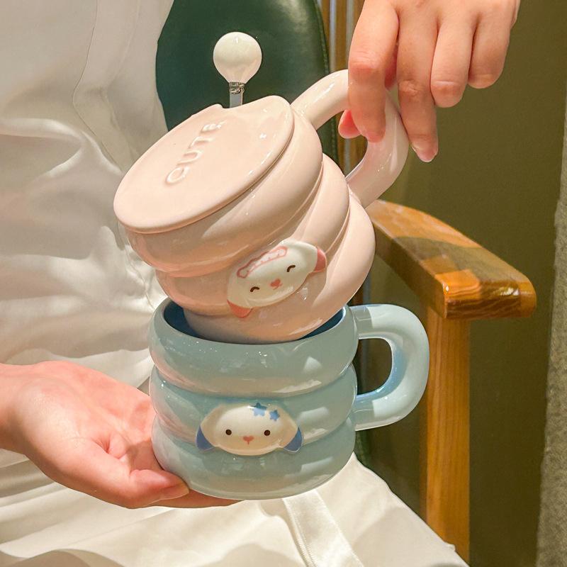 Söt tecknad kaninmugg med lock och sked för flickor hem keramisk kopp par kaffe mjölk kopp kontor