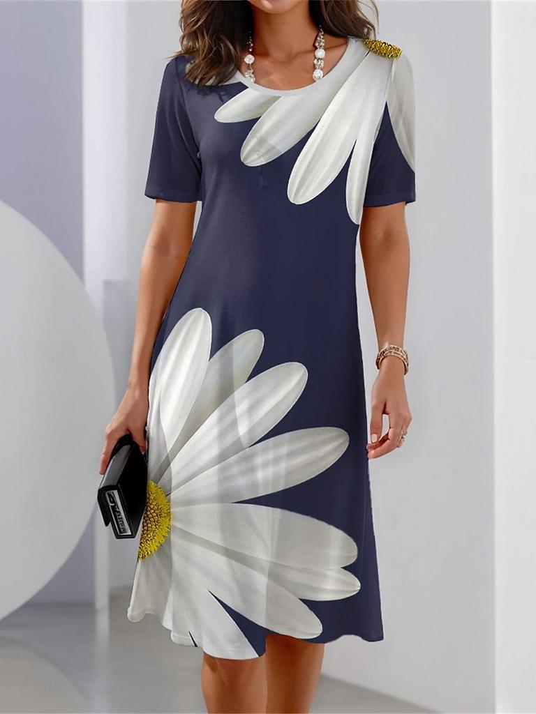 Damen Casual Lange Kleider Sommer Vintage Stil Weiblicher O-Ausschnitt Blumen Bedruckt Bequem Knielang mit Taschen Übergröße S-5XL