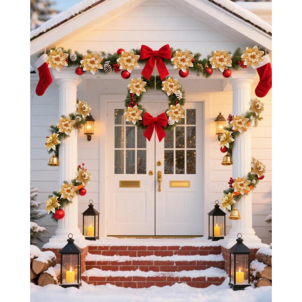 12Pcs Gold Christmas Poinsettias Flowers Decoration Artificial Flowers for Xmas Tree Ornaments Suitable for Home Christmas Decorations