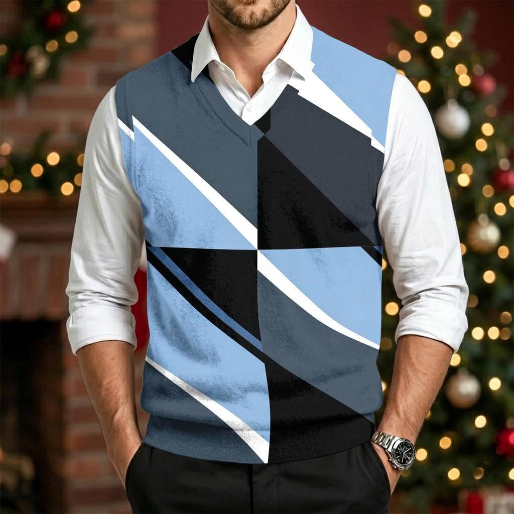 Men's Casual V-Neck Printed Wool Sleeveless Knit Vest for Commute and Daily Wear