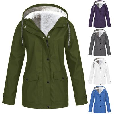 Waterproof Outdoor Women's Jacket with Fleece Lining Windproof Breathable Hiking Raincoat Shell with Adjustable Hood and Multiple Pockets