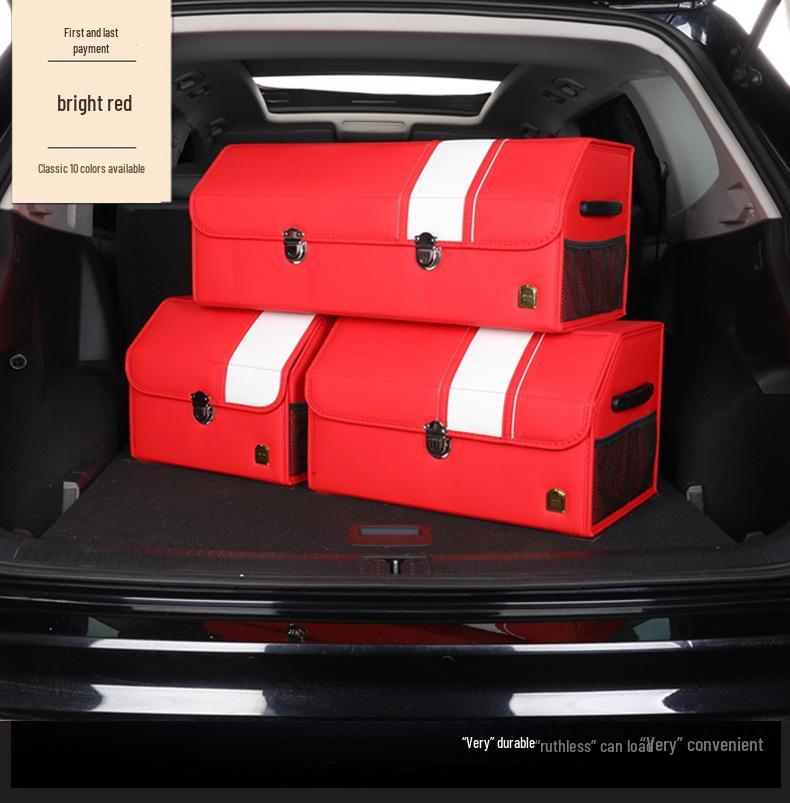 Leather Car Trunk Organizer: Foldable Interior Storage Box and Decorative Accessory.