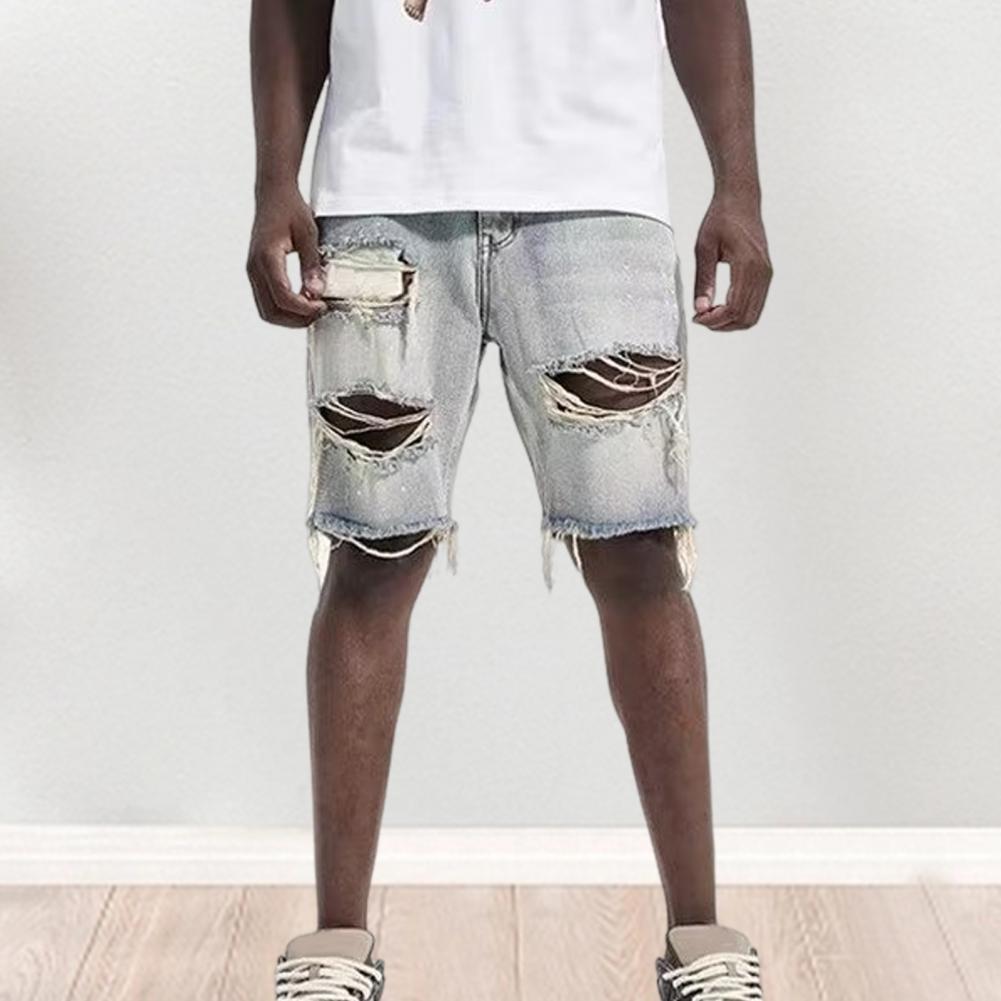 Pantaloncini Jeans Estivi da Uomo Distressed con Bottoni e Cerniera, Multitasche, Jeans Corti a Gamba Dritta con Strappi al Ginocchio