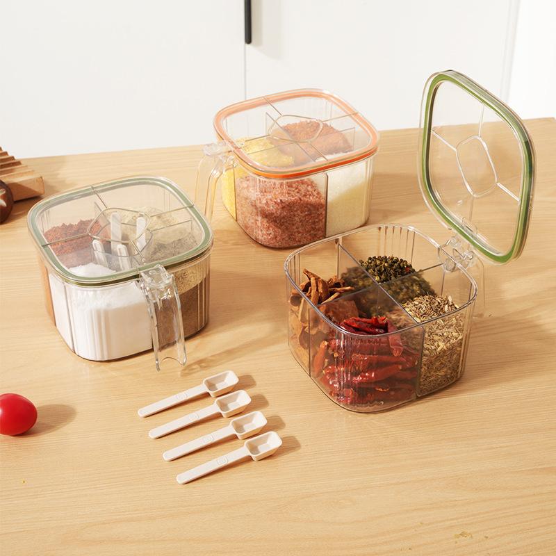 4 Grids Salt Pepper Seasoning Box Transparent Lid Spice Jar Chili Powder Sugar Bowl Condiments Storage Container Kitchen Gadgets