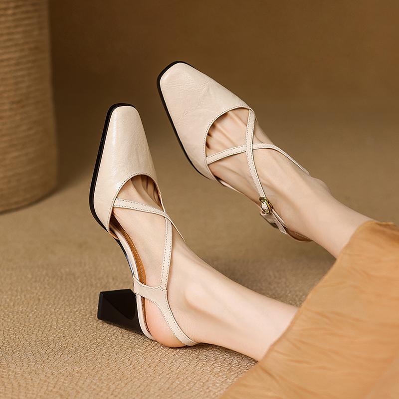 Fashion 2025 New Size 34-40 Women Vintage Sandals Real Leather Retro Square Tor High Heels Summer Shoes Slingback T-Strap Office Daily