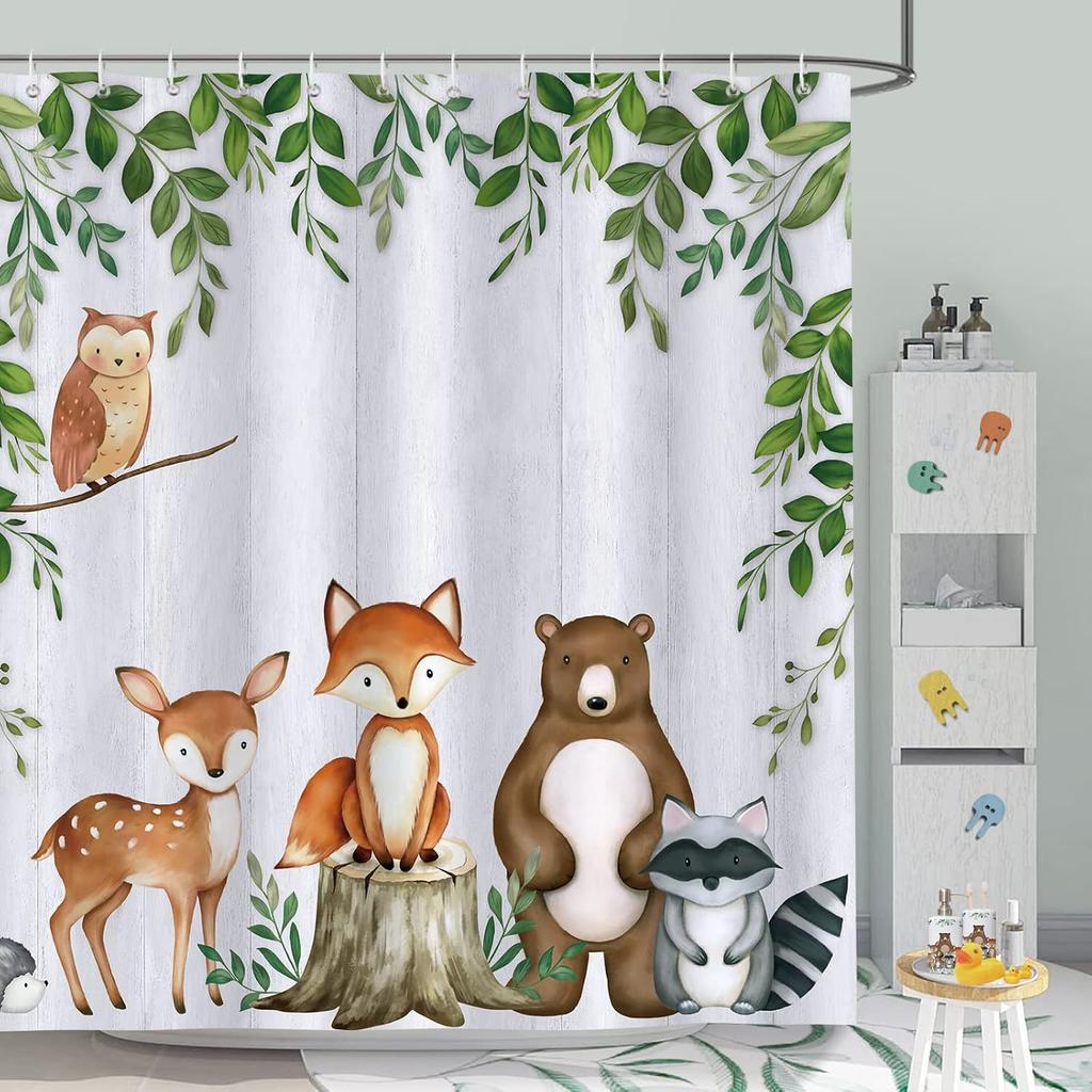 Forest Animal Shower Curtain 180 x 180cm Child Deer Fox Waterproof Polyester Bathroom Decorative Shower Curtain with 12 Hooks