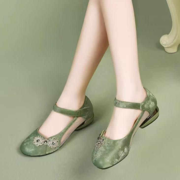 Mesh hollow single shoes women's summer new medium round head leather shoes flat shoes with skirt sandals