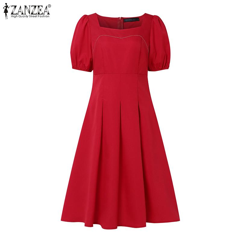 ZANZEA Women Casual Square Neck Summer Short Sleeve Dress