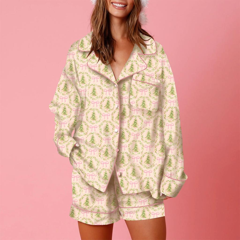 European and American Women's Clothing Autumn and Winter Christmas Long-sleeved Shirt Shorts Pajamas Set Women's Long Sleeves