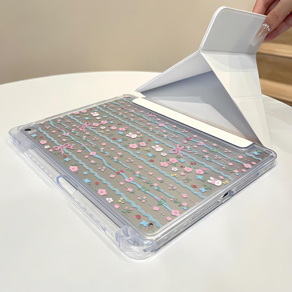 Applicable To iPad Pro11 Lace Flower Fold Sticker Flat Protective Case Acrylic iPad 13 Inch Simple All-Inclusive