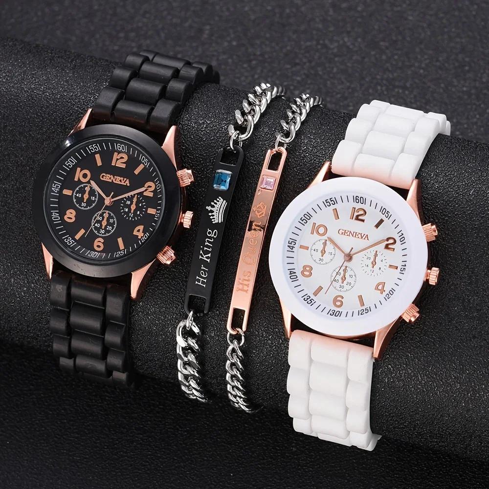 2Pcs Luxury Women's Watch Set Fashion Luxury Elegant Alloy Wristwatch Silicone Strap Couple Watch Men Quartz Holiday Gifts