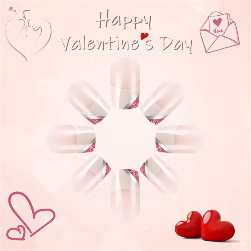 24 Pcs Short Square False Nail with Heart Artificial Nail Valentines Day Press On Nail French Tip Stick on Nail