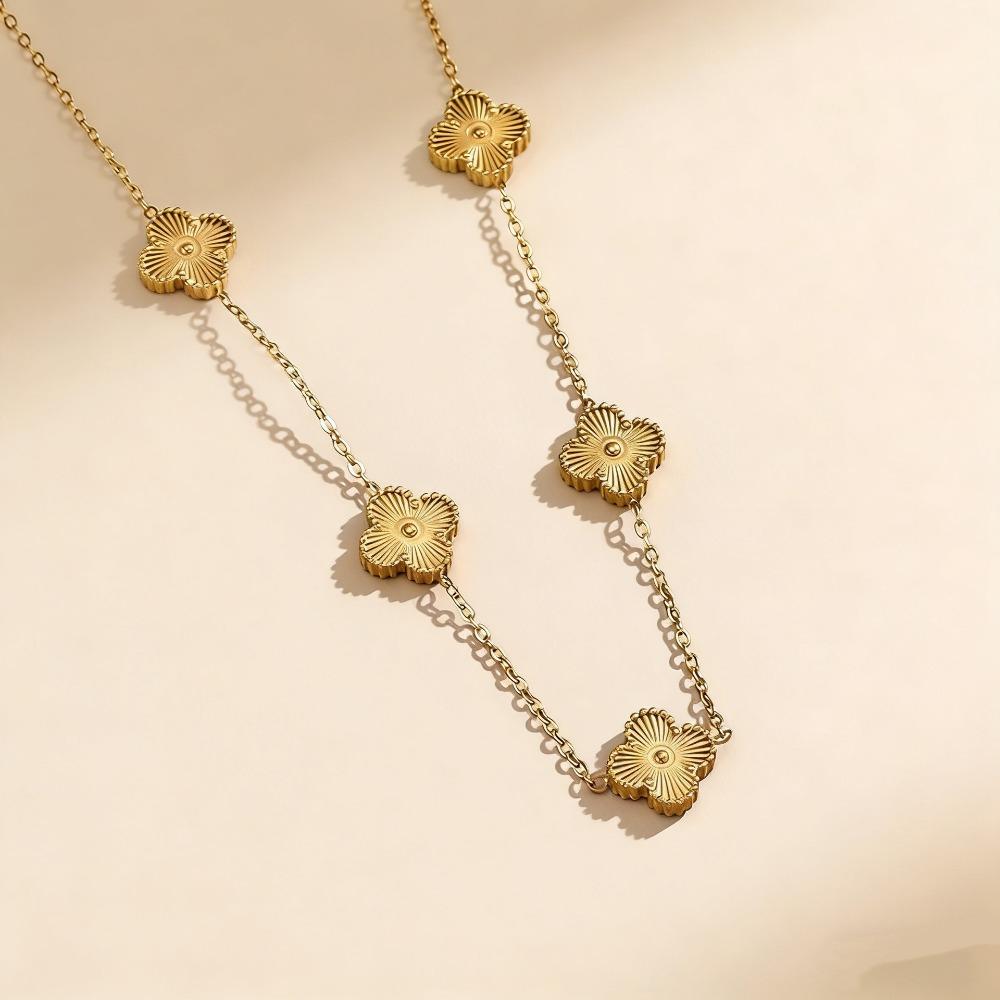 Collana a Quattro Foglioline e Cinque Fiori Double-sided in Acciaio al Titanio - Choker di Lusso Premium da Donna