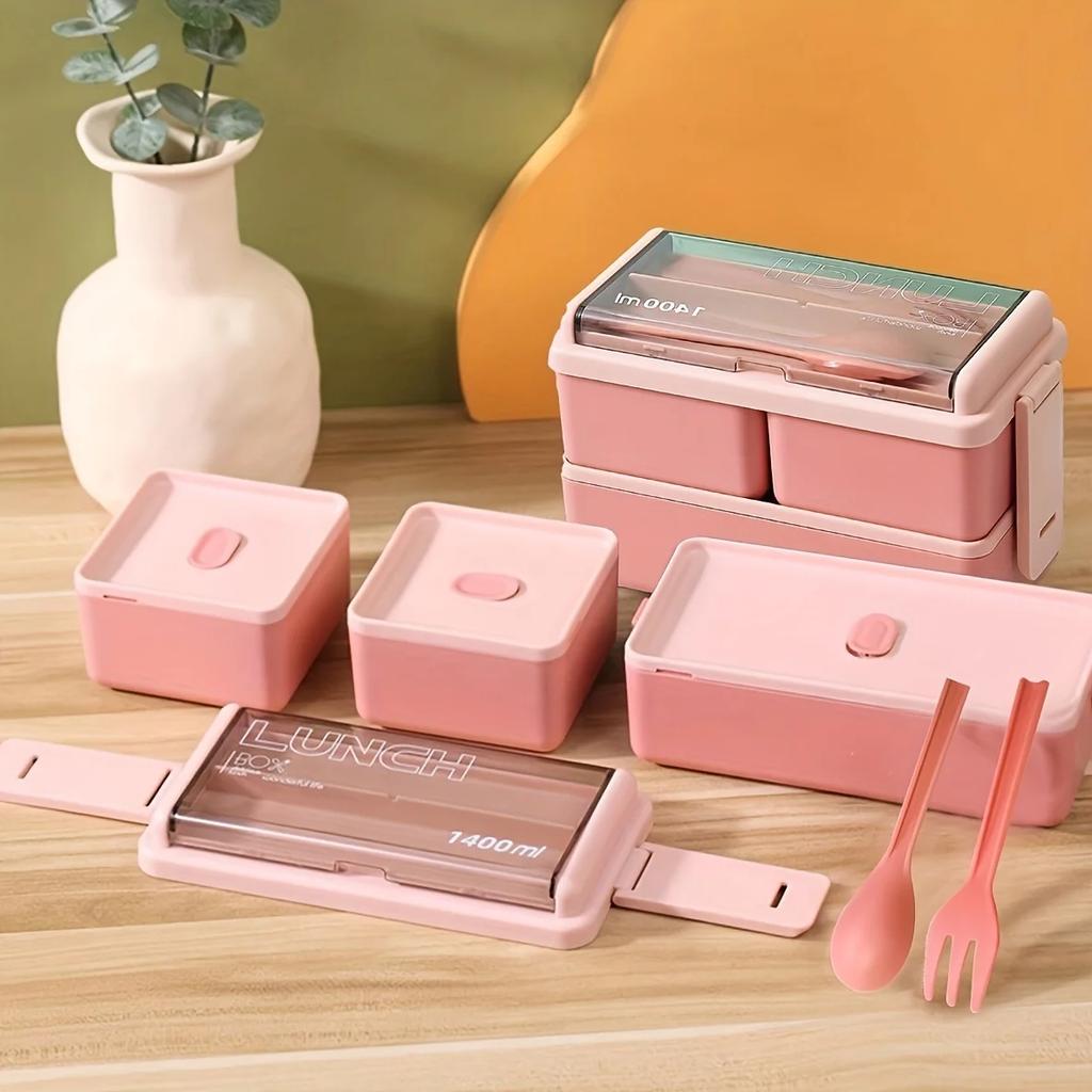 1pc Microwave-Safe Dual-Compartment Lunch Container Fresh-Keeper with Spacious Compartments and Complete Cutlery Set