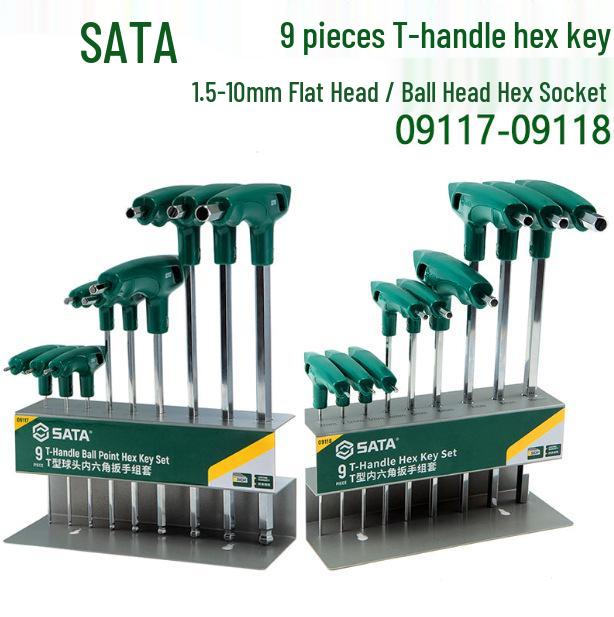 SATA 9-Piece Hex Key Set: T-Handle Ball End 09117 & Flat End L-Handle 09118, Sizes 1.5-10mm. Flat End 09118