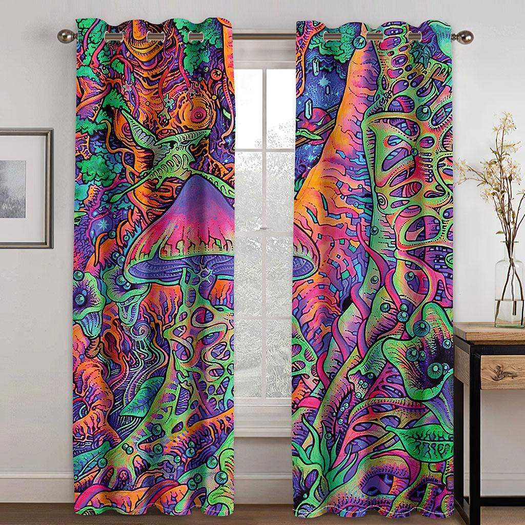 

3D Симфония Грибной Узор Полиэстер Солнцезащитный Навес Цифровая Печать Индивидуальные Тонкие Шторы Гостиная Спальня Домашний Декор 2 Панели 100W130H(CM)40x51in&Grommet Top