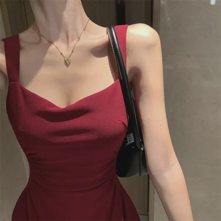 New Year's Red Slim Waist Suspender Dress for Women - Spring Daily Engagement Toast Dress