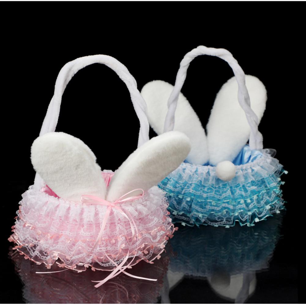 Stuffed Girls Gifts Fluffy Party Supplies Bunny Ears Basket Glitter Tulle Easter Basket For Spring Decor Easter Party