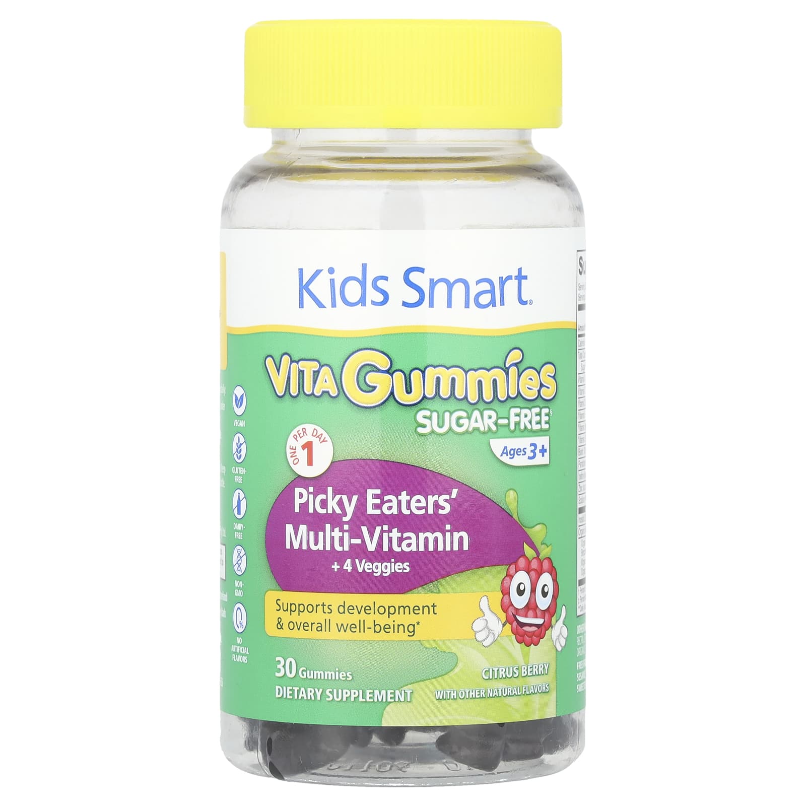 

Kids Smart, цукерки Kids Smart® Vita, мультивітаміни + 4 овочі для вибагливих їдців від 3 років, цитрусові ягоди, 30 жуйок