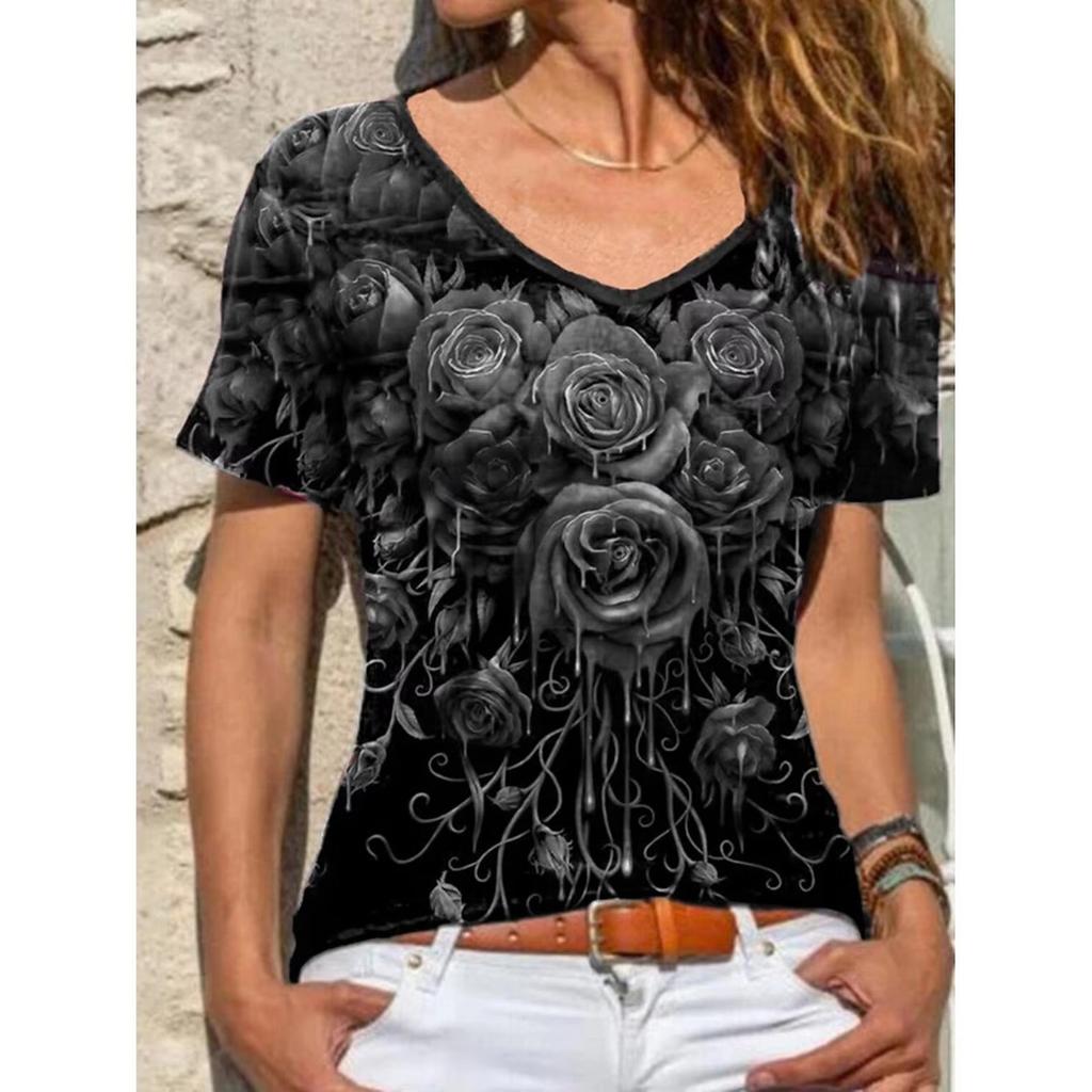 Camisetas de Mujer de Verano con Cuello en V y Estampado de Flores 3D, Modernas y Casuales de Manga Corta