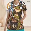 Women Plus Size V Neck Short Sleeve Scrub Top Black Cat Witch Hat Pumpkin Mushroom Halloween Print Nurse Uniform Top