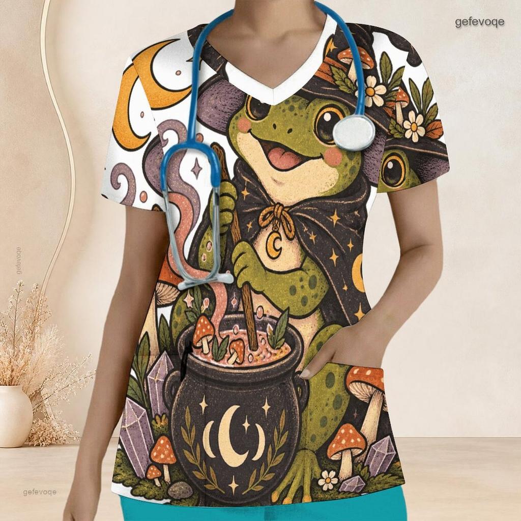 Women Plus Size V Neck Short Sleeve Scrub Top Black Cat Witch Hat Pumpkin Mushroom Halloween Print Nurse Uniform Top
