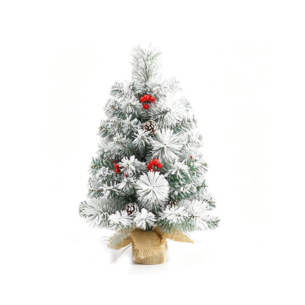 Snow Flocked Mini Tabletop Christmas Tree 45/60CM, Pine Needle PVC Mixed Xmas Tree with Pine Cones & Berries
