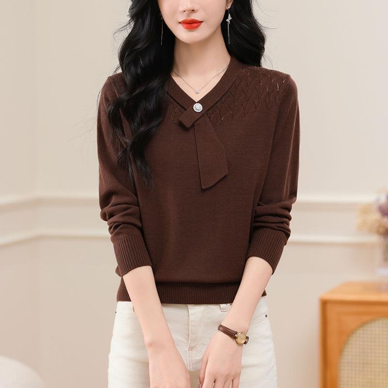 

Осень Зима V-образный вырез Ажурный Пуловер Шарф Вязаный Топ Женский Длинный Рукав Однотонный Повседневный Базовый Свитер onesize кофейный