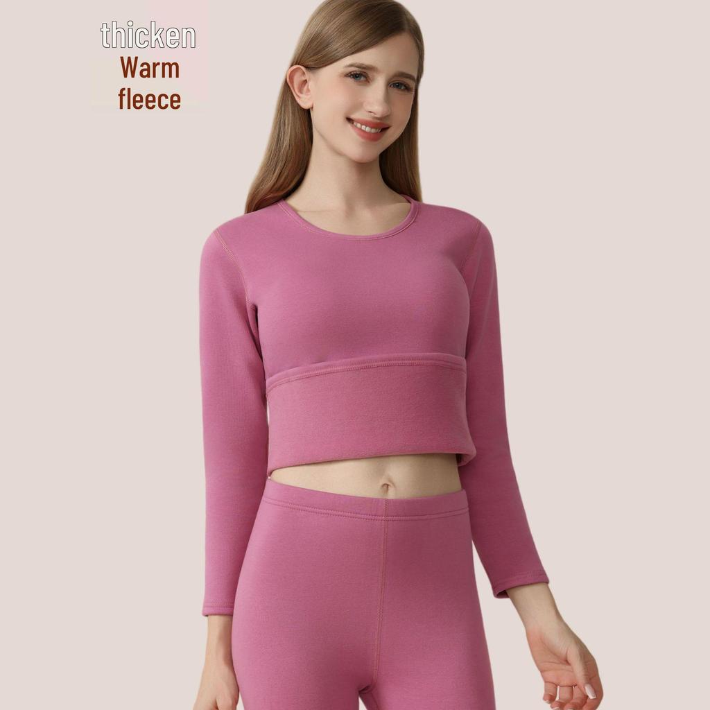 Men's and Women's Fleece-lined Crew Neck Warm Underwear Set: Heat-generating, Cold-proof, Pure Cotton for Autumn.