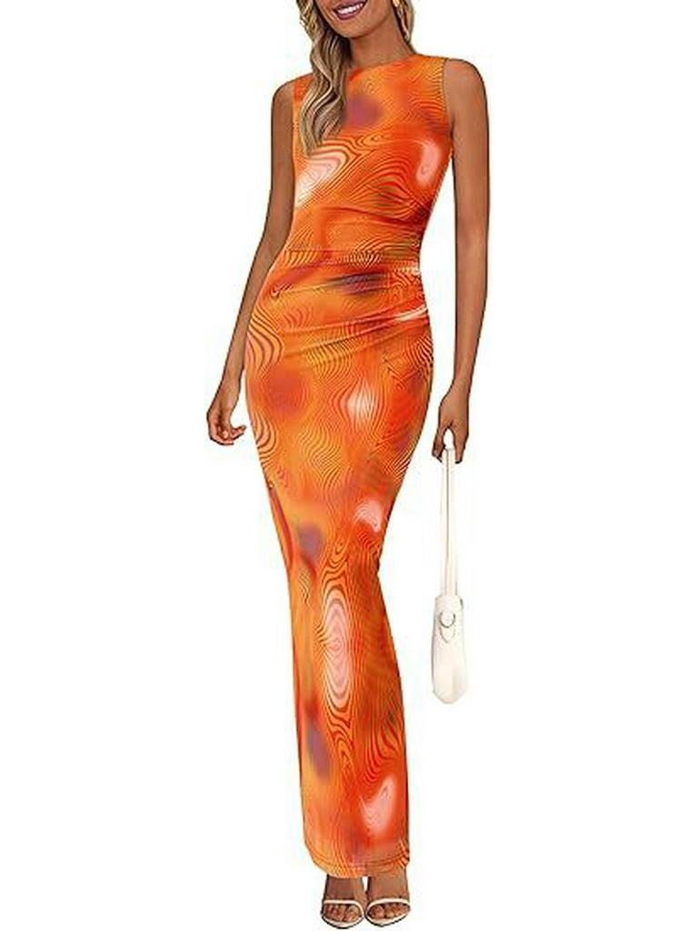 2024 Women's Floral Ruched Mesh Bodycon Dress - Sleeveless, Round Neck