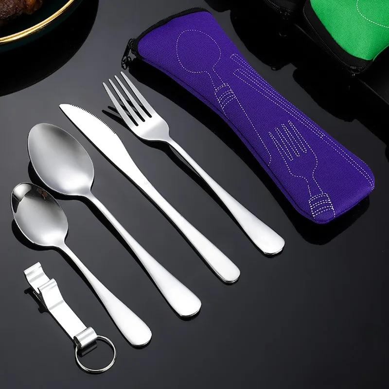 5 stk Beinpakke Utendørs Reise Bærbart Bestikk Kniv, Gaffel, Skje Sett, Rustfritt Stål Kniv, Gaffel Sett Hot Selling