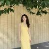 French Summer Dopamine Yellow Plaid V-neck Neck Sling Dress Women's Seaside Vacation Beautiful Long Skirt