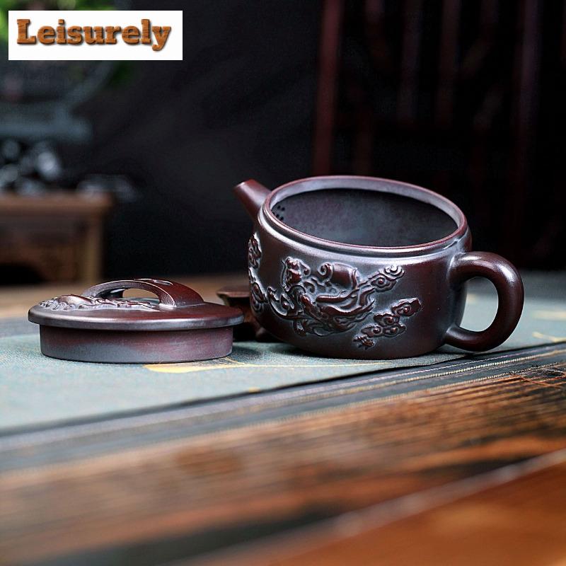 Ceainice din lut violet Yixing de 280 ml, lucrate manual, de calibru mare, cu dragon, minereu brut, ceainic de noroi roșu antic, cu filtru, set de ceai Zisha, cadou