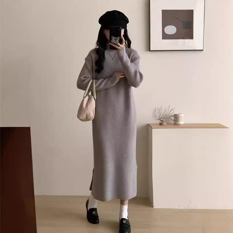 Semi-turtleneck knitted dress autumn and winter with long base over the knee temperament versatile split sweater skirt women