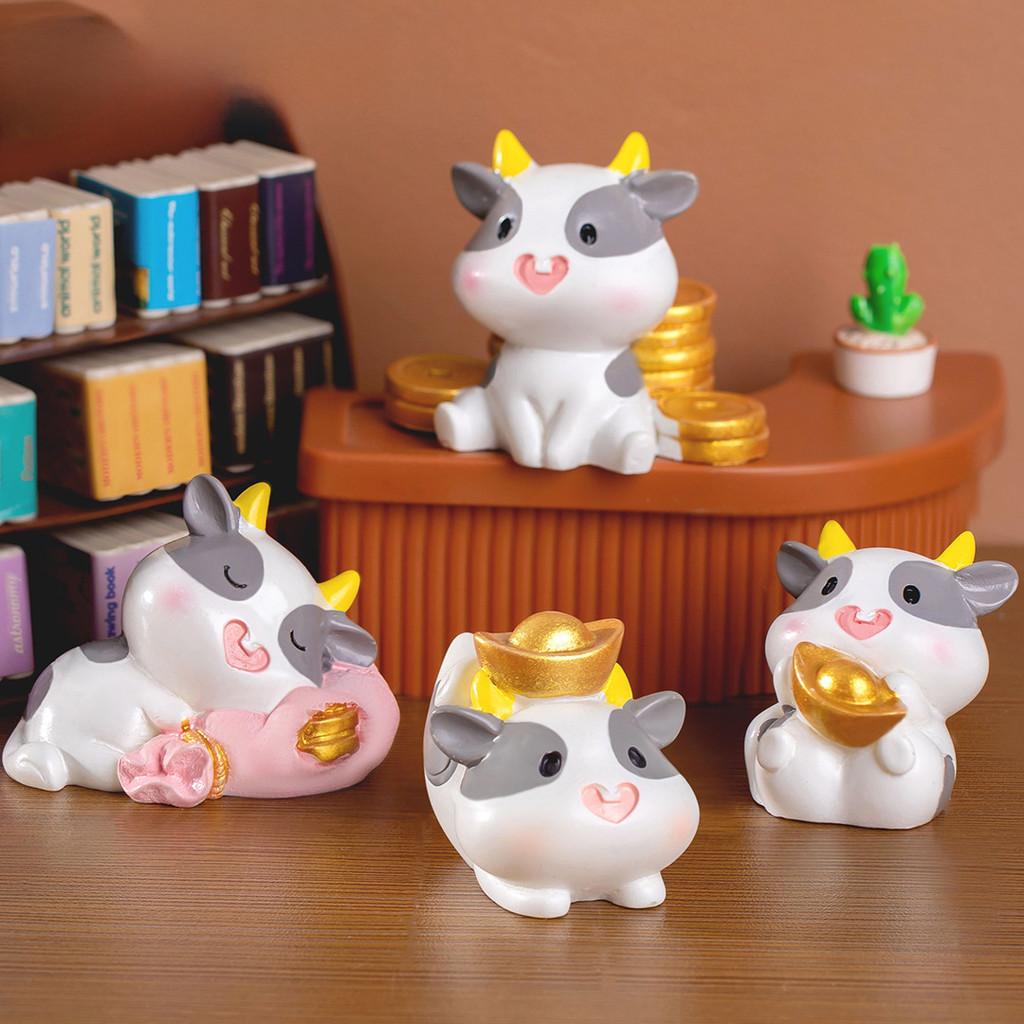 Adorable Good Fortune Cow Resin Figurine Cute Office Desk Decoration Ornament
