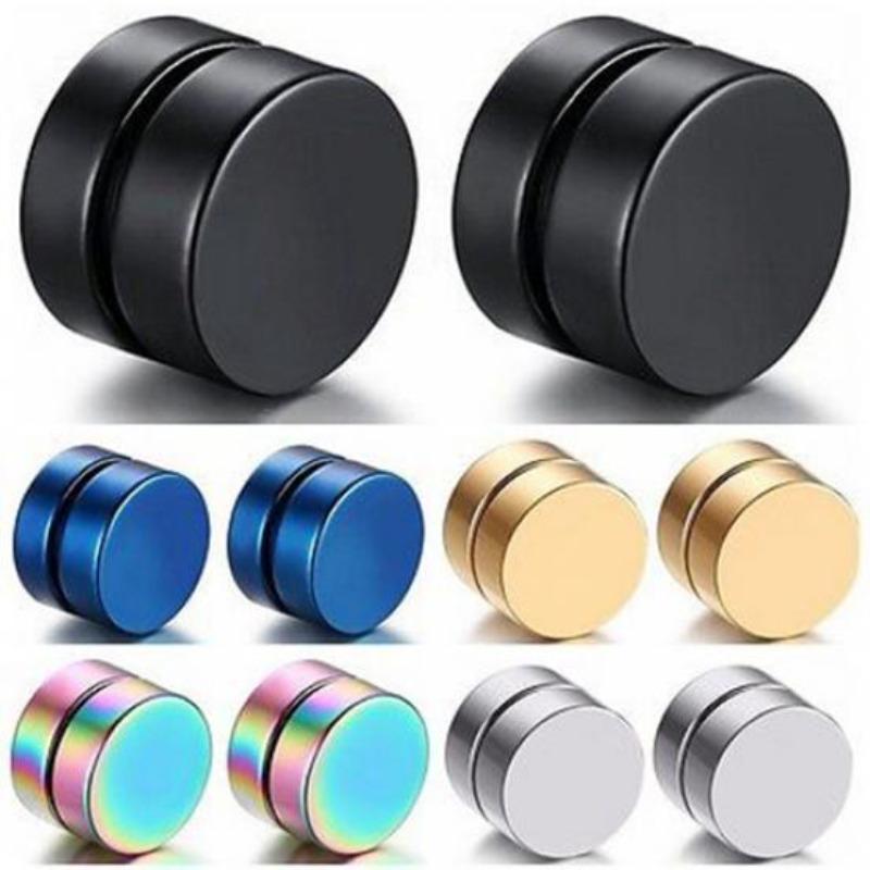 Men Fashion Round Stainless Steel Magnetic Clip On No Piercing Ear Stud Earrings
