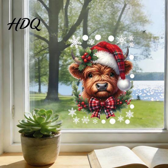 Reusable Window Clings for Classroom Christmas Clings Cute Highland Cow Sticker with Santa Hat Winter Easy Remove Wall Decals Home Double-Side