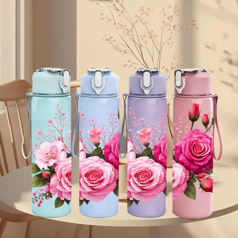 1PC Pink Rose Flower Bouquet 750ml Color Plastic Sports Water Bottle Leakproof Flip Straw Lid Suitable for Sports Office Home Use