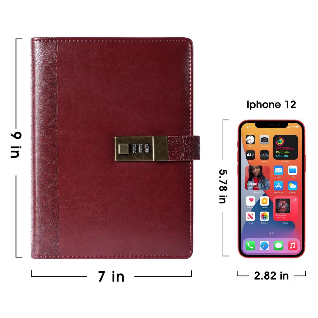 CAGIE System Planner A5 Lockable Notebook Antique Diary with Business Card Gift for School Waterproof PU 230 x Red Lock, Loose-leaf, 6-ring Ring,