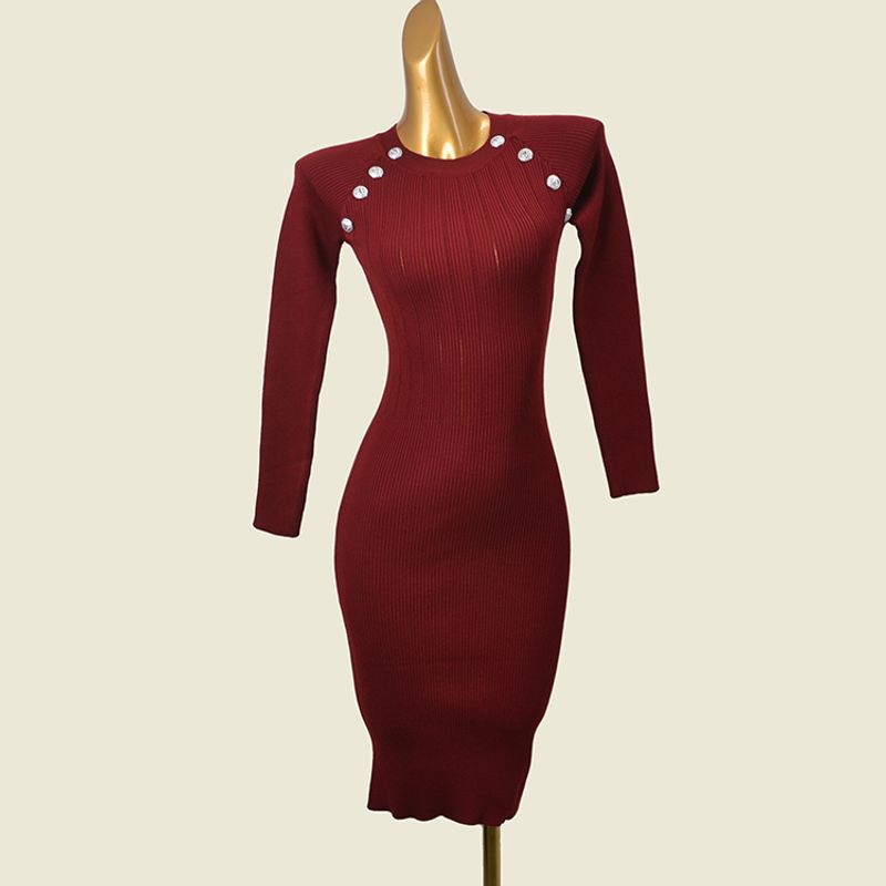 

Fashion Style Metal Buckle Sunken Stripe Silm Long Sleeves Knitting Dress Autumn Sexy Sheath Bottom Long Dress Burgundy All yards