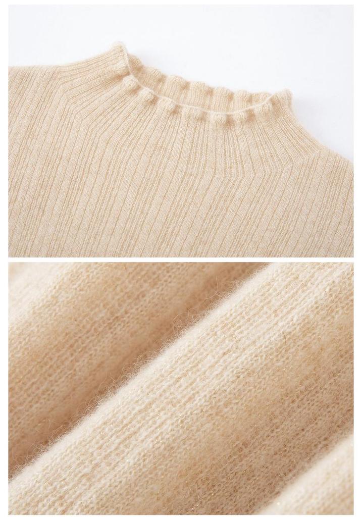 Women's 100% Pure Cashmere Striped Lurex Sweater - Half-High Neck, Long Sleeve Knitwear for Autumn and Winter